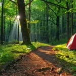 a lush green forest trail with a bright red tent set up under a towering tree, showcasing the potential of outdoor companies utilizing google my business.