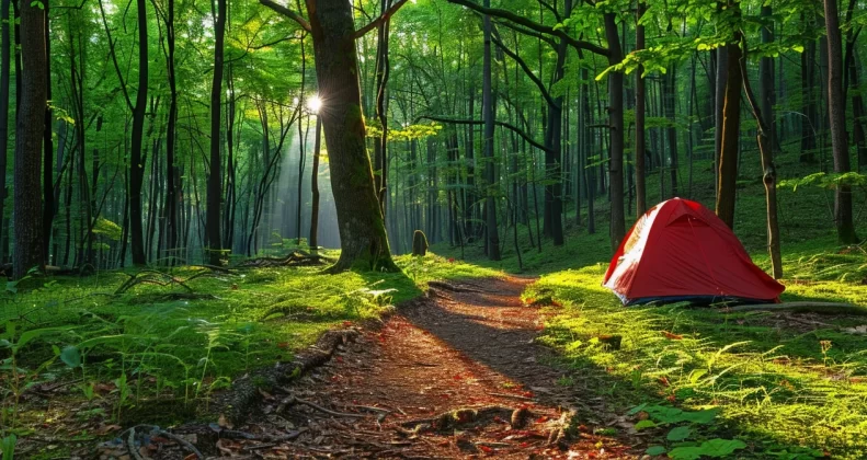 a lush green forest trail with a bright red tent set up under a towering tree, showcasing the potential of outdoor companies utilizing google my business.