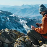 a hiker using a tablet to track customer data and automate marketing campaigns while overlooking a breathtaking mountain view.