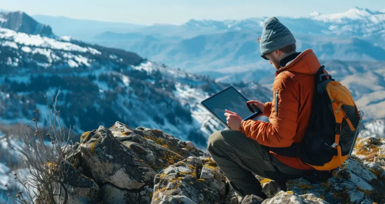 a hiker using a tablet to track customer data and automate marketing campaigns while overlooking a breathtaking mountain view.