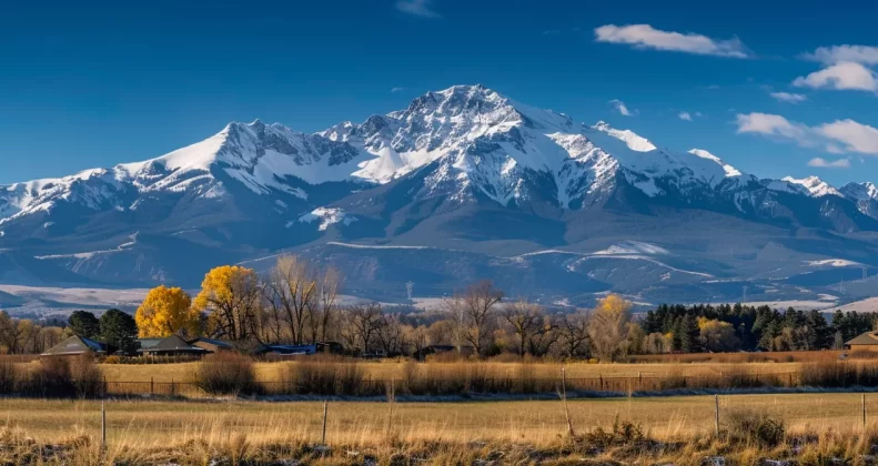 a majestic snow-capped mountain rising above a picturesque valley in bozeman, montana.