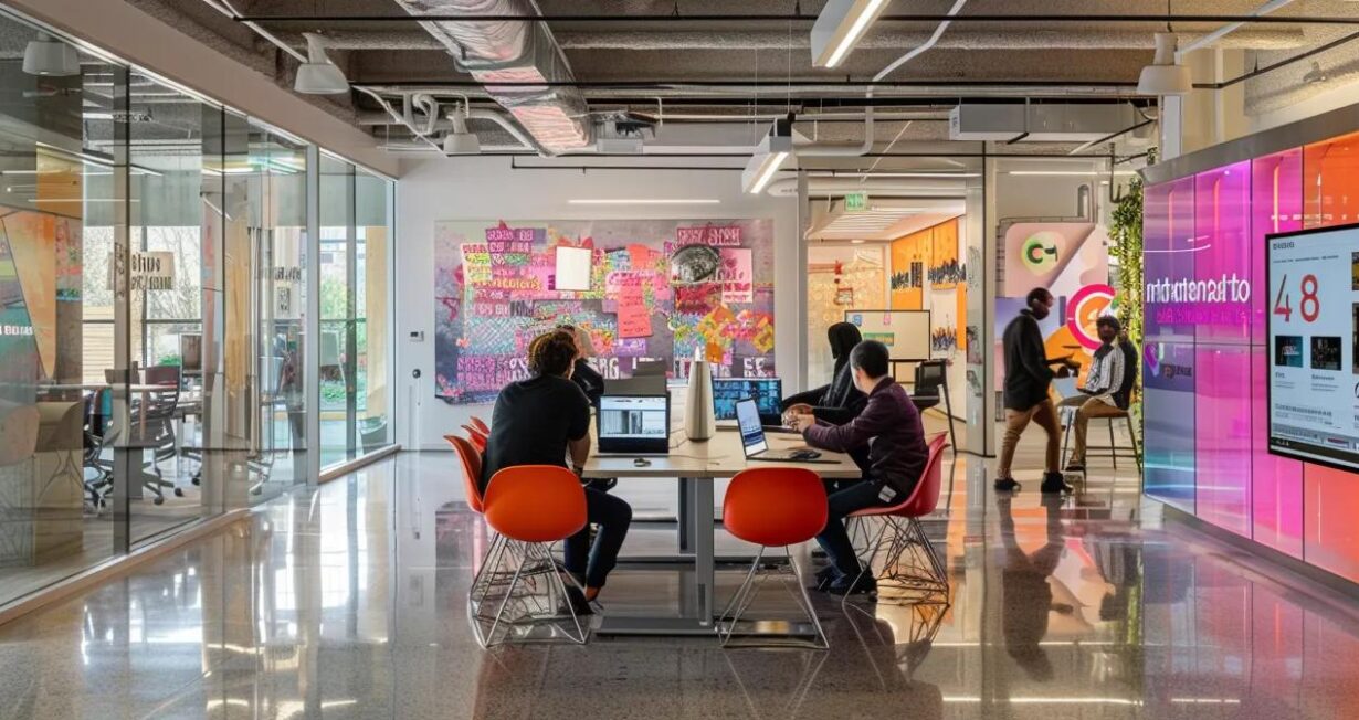 a group of creative professionals brainstorming ideas in a modern office space filled with vibrant branding materials.